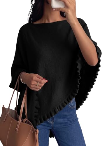 EVALESS Women's Boat Neck Black Long Sleeve Poncho Sweater Top