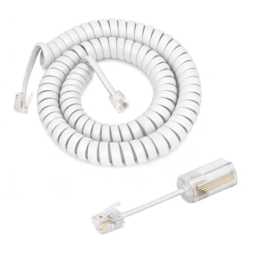 Image of Uvital 1 Pack Telephone Handset Cords with Detanglers, RJ9 4P4C, White | Landline Phone Cord Cable 10Ft Uncoiled(1.2Ft Coiled) , 360 Rotating Anti-Tangle Swivel Telephone Cords Untangler, Office