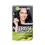 Garnier Nutrisse Ultra Color Hair Dye, Vegan, 1.10 Infinite Black. Ensures 100% grey coverage and deep, endless shine with 8-week colour. No-ammonia, vegan formula for an intense, dramatic black.