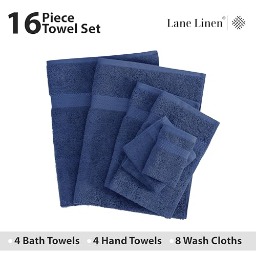 LANE LINEN 100% Cotton Luxury Towel Set for Bathroom - 16 Pieces, Ring Spun - Plush, Soft & Highly Absorbent - 4 Shower Towels, 8 Washcloths, 4 Hand Towels - Complete Bathroom Towel Set - Navy Blue