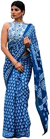 Kiaaron Handicrafts Women's Ikat Hand Block Print Jaipuri Cotton Mulmul Saree with Blouse Piece