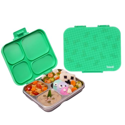 Image of Basil Bento Ace 4C Stainless Steel Lunch Box for Kids | 4 Compartment Leakproof Tiffin Box for Teens & Adults | BPA-Free, Easy-to-Open School Lunch Box | Retro Stack