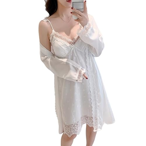 BGFYUSF 2 peças camisola de cetim para mulher roupão de banho conjunto de roupões de renda bordado camisa quimono roupão roupa de dormir roupão de seda leve roupões de noiva, White-L