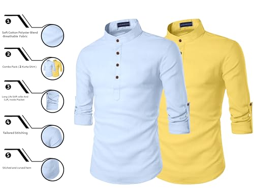 Image of Zombom Men's Combo Cotton Polyester Blend Solid Full Sleeve Straight Regular Fit Mandarin /Chinese Collor Kurta (Pack of 2)