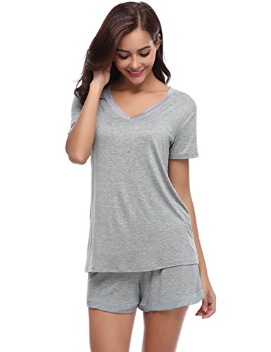 Aibrou Women's V Neck Short Sleeve Sleepwear Cotton Pajama Set, Gray, X-Large