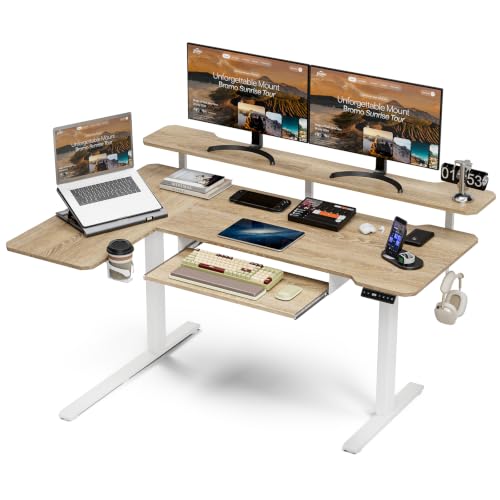Image of Acrolix 59 inch L Shaped Standing Desk with Shelves Keyboard Tray,Oak