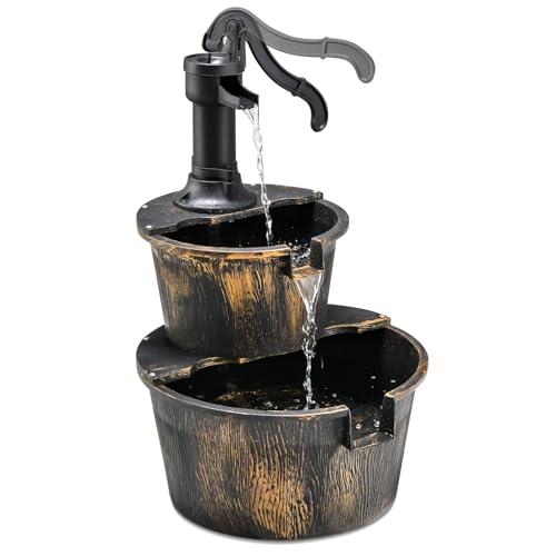SOARS Gartenbrunnen 2-stufig, Springbrunnen mit Wasserpumpe & einstellbarem Wasserdurchfluss, Wasserbrunnen Holz Design, Zimmerbrunnen, Gartendeko für außen Balkon Terrasse, Bronzefarben