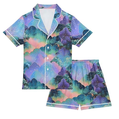 ALAZA Mountain Starry Satin Pajamas Set Short Sleeve Button Down Sleepwear Summer Pjs 2 Piece