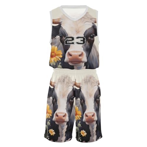 FLildon Watercolor Cow Daisy Boys Basketball Jersey Set Tank Top Shorts Tracksuit Sport Training Suit for Kids