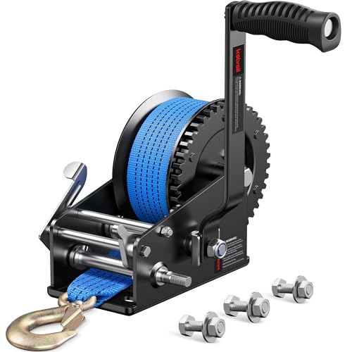 Kolvoii 3500lbs Boat Trailer Winch with 33FT Strap, Heavy Duty Hand Winch 2-Way Ratchet 4:1/8:1 Gear Ratio, Comfortable Handle for Boat, Trailer, Marine, and Jet Ski - Blue