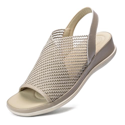 Mnking Sandalias Cuña Mujer Verano Sandalias Plataforma Comodas Plantilla Cuero Peep Toe Transpirable Tejido Malla Slingback para Caminar Tiempo Libre Oficina Caqui EU35