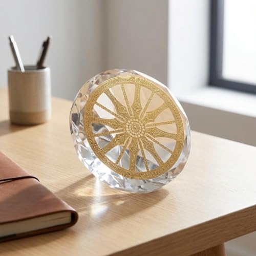 Image of Gold Plated Konark Sun Temple Wheel Handricrafted in Crystal Base Tabletop Showpiece Figurine