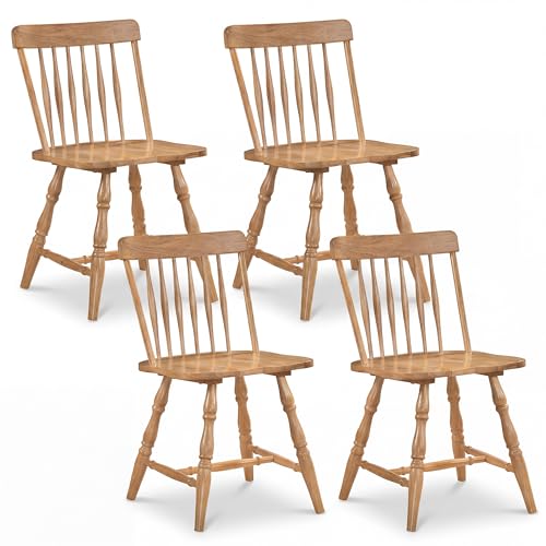 Image of COSTWAY Windsor Chairs Set of 4, Armless Solid Wood Dining Chairs with Spindle Backs, Farmhouse Kitchen Side Chair for Dining Room, Kitchen, Small Space (Natural)