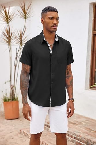 COOFANDY Men's Button Down Shirts Short Sleeve Casual Shirts Summer Beach Shirts Vacation Wedding Shirts with Pocket Black - 2