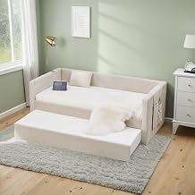 Twin Size Upholstered Daybed with Trundle, Modern Velvet Day Bed with Diamond Grid Pop Up Design, Wood Daybed Frame with Storage Side Pocket and USB Ports, Beige