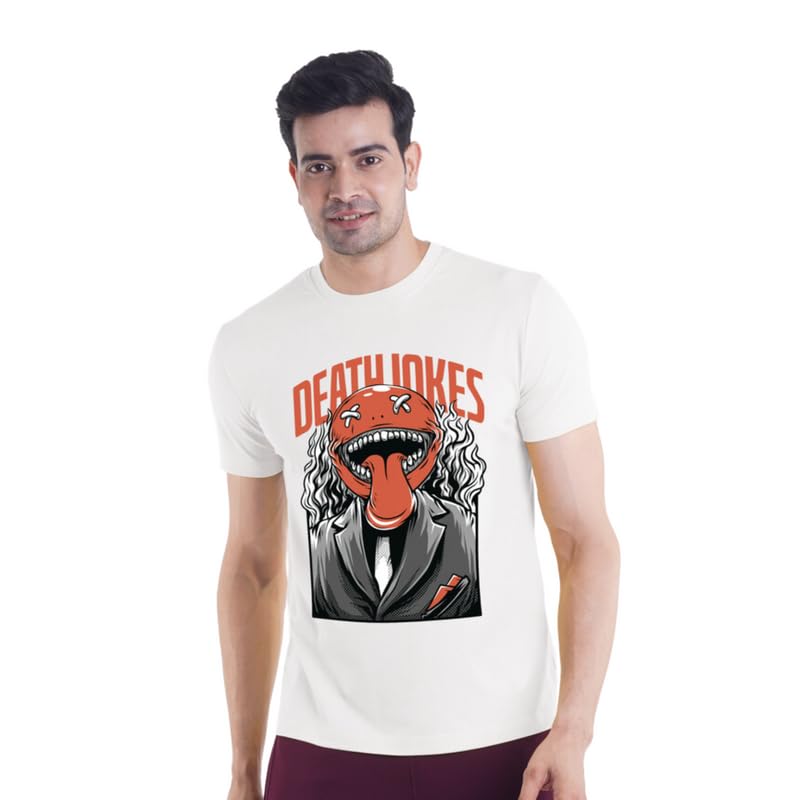 cooldownMen's Death Jokes Printed Half Sleeves T-Shirt - Regular Fit, Round Neck Comfortable Casual Tensil Tee - White