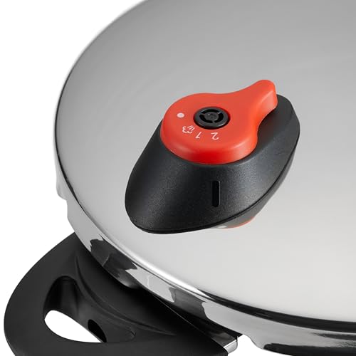 Válvula de presión de seguridad en la olla a presión Amazon Basics, indicando los niveles de cocción
