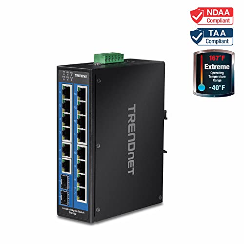Trendnet 16-Port Hardened Industrial Unmanaged Gigabit Din-Rail Switch, Ti-G162, 14 X Gigabit Ports, 2 X Gigabit Sfp Slots,32Gbps Switching Capacity, Ip30 Ethernet Network Switch, Lifetime Protection #TOP2