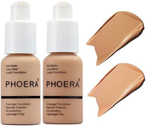 2Pack PHOERA Foundation Full Coverage Liquid Foundation Cream - Long-lasting Lightweight Concealer - Oil-Free Formula - Natural Shade - Suitable for All Skin Types (104 Buff Beige & 105 Sand)