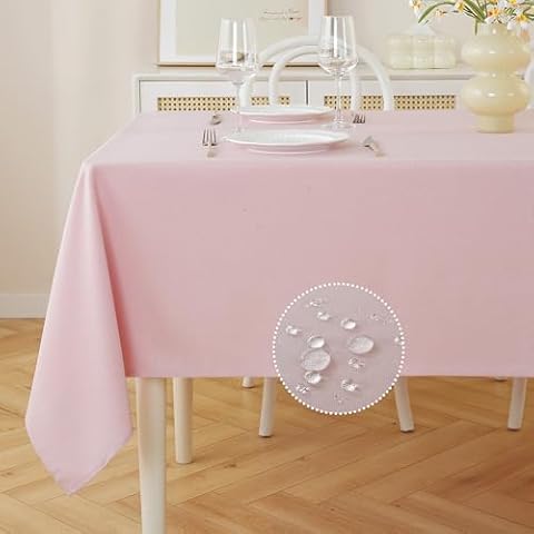 JIALE Rectangle Table Cloth, Waterproof Stain Resistant Tablecloth, Wrinkle Free Farmhouse Dining Table Cover, Soft Fabric Table Cloths for Dinner/Party/Holiday, 60 X 84 Inch, Pink Cover