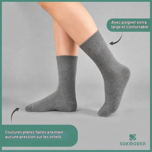 SockWaddles Chaussettes Diabétiques Homme Femme Lot de 6 Paires, 97% Coton, Sans Élastique & Sans Couture, Gris, Taille 39-42 – vue 3