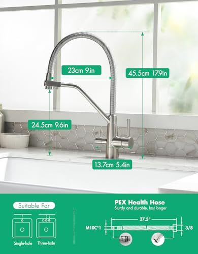 TIMACO 3 Wege Wasserhahn Küche,Küchenarmatur-360° Drehbar,mit 3 in 1 Wasserhahn für Wasserfilter,Spiralfederarmatur Trinkwasserhahn mit Doppelhebel,Hochdruck