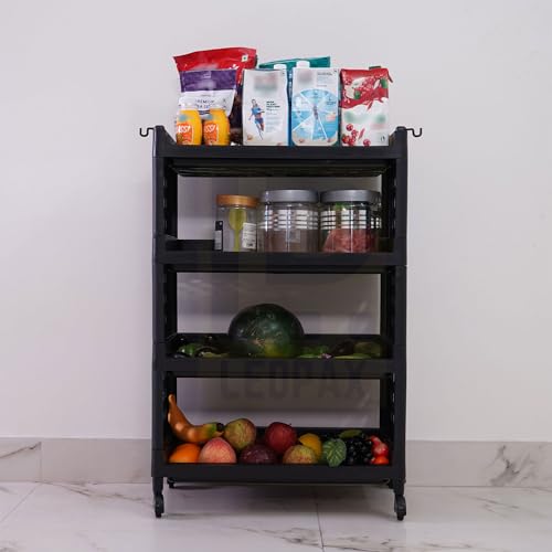 Image of LEOPAX 4 Layers Plastic Rolling Storage Rack | Multipurpose Stackable Storage Rack with Wheels for Kitchen Laundry Room Bathroom Office Home - Black (50 x 30 x 75cm)
