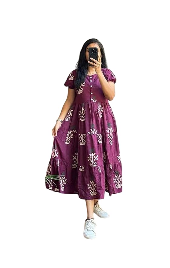 Women's Floral Block Print Tiered Midi Dress, Puff Sleeves, Button Front, Cotton-picture-52