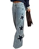 QLAUYIOE Women's Star Patchwork Straight Leg Jeans Trendy Mid Rise Pearl Beaded Distressed Boyfriend Denim Pants,Blue,Small