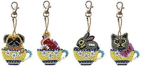 VDYXEW Diamond Painting Keychains, 4 pcs DIY Diamond Painting Keychains Cup Animal Embroidery Needlework Keyrings Gifts for Women Girls Bag Purse Handbag Key Chain