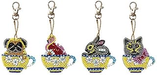 VDYXEW Diamond Painting Keychains, 4 pcs DIY Diamond Painting Keychains Cup Animal Embroidery Needlework Keyrings Gifts for Women Girls Bag Purse Handbag Key Chain