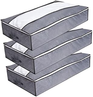 Shaylee Homeware Fabric Under Bed Storage Boxes - 3 Large Underbed Breathable Plastic drawers with Zips- Clear Window Foldable Storage Bags for Clothes Comforters Blankets Bedding Quilts.