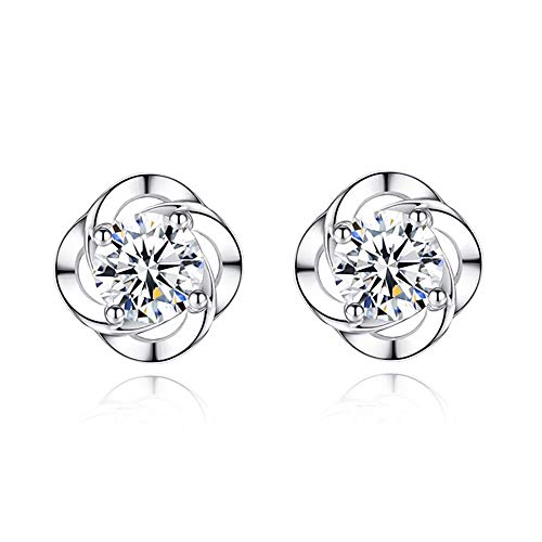 Kamise Silver Stud Earrings for Women, 925 Sterling Silver Clover Studs Earring with White Cubic Zirconia, Hypoallergenic Small Sleeper Piercing Stud Ear Ring