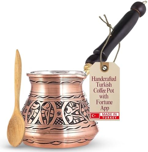 12 Oz Copper Turkish Greek Arabic Coffee Pot with Wooden Handle (...