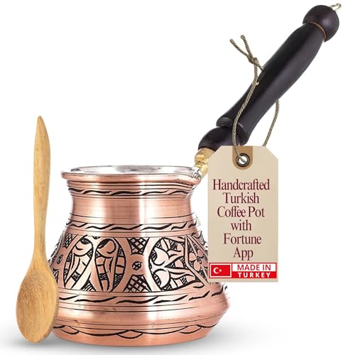 Erbulus Cafetera turca árabe griega de cobre de 12 onzas con aplicación Fortune y mango de madera (4 tazas), cafetera griega Cezve, Ibrik, Briki, cafetera turca martillada