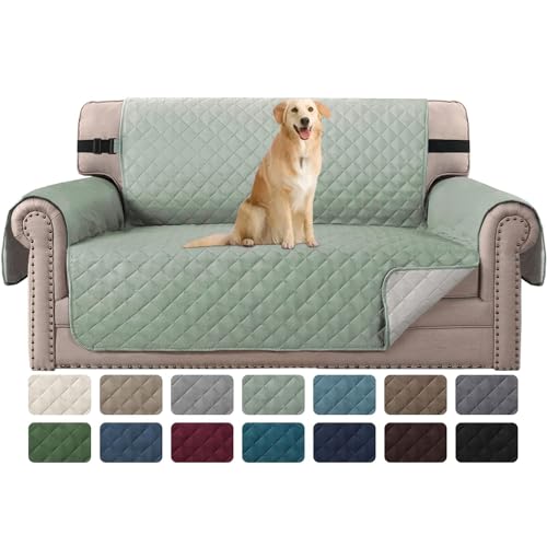 H.VERSAILTEX Reversible Loveseat Cover Water Resistant Loveseat Slipcover Washable Loveseat Couch Cover with Non Slip Elastic Strap Furniture Protector for Kid Dog Pet(Loveseat, Desert Sage/Beige)