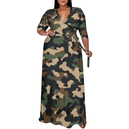EQQZD Plus Size Green Camo Maxi Dress for Women Camouflage Print V Neck Wrap Dress 3/4 Sleeve Casual Long Dress with Belt 3X-Large Plus