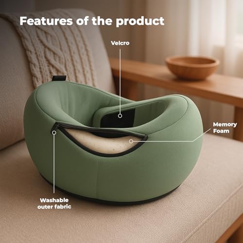 Image of Lifelong Neck Pillow for Travelling | Memory Foam Neck Rest for Sleeping in Airplane & Car | Soft & Comfortable Neck Support | Adjustable Velcro Straps & Travel Pouch | Ideal for Office & Home (Green)