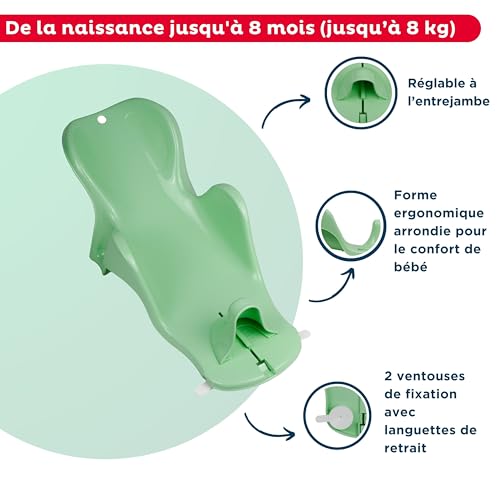 Thermobaby - Lettino Da Bagno Per Neonati - Daphne - Comodo, Regolabile E Compatto - Dalla Nascita Fino A 8 Mesi - 2 Ventose - Poco Ingombrante, Facile Da Staccare - Made In France - Verde Celadon - 3