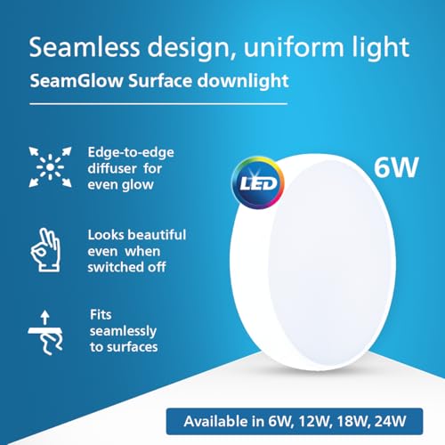 Image of Philips 6W SeamGlow Round LED Surface Downlight | 120 Wide Beam for Uniform Illumination | Energy Efficient, Ceiling Light | Modern Surface-Mounted LED Downlighter | Natural White, Pack of 24