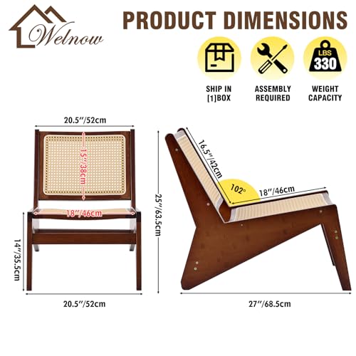 Welnow 2-Pcs Mid Century Rattan Accent Chair, Bamboo Wood Lounge Chair with Woven Cane Backrest, Low Armchair for Living Room, Bedroom, Balcony or Reading Corner, Walnut - Image 4