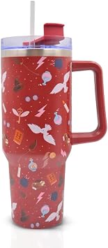 Harry Potter Insulated Stainless Steel Mug 1200ml with Handle & Straw Hogwarts Icons Design, Double Walled Travel Tumbler for Hot & Cold Drinks - Cold 17Hrs or Hot for 5Hrs, Red