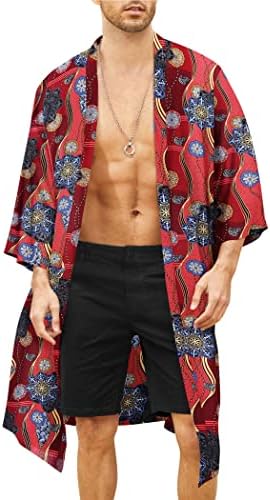 COOFANDY Men's Lightweight Kimono Robe Jacket Printed Japanese Style Bathrobes Casual Open Front Long Cardigan Coat Outwear Dark Red