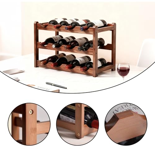 ORARTMM Three-tier wooden wine rack, bottle rack, stackable bottle rack for 12 bottles, dark surface, suitable for wine cabinets, kitchens, wine cellars and for storing glass bottles. - Image 2