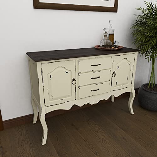 Deco 79 Wood 3 Drawers And 2 Doors Buffet With Brown Wood Top, 48" X 17" X 33", White #TOP6