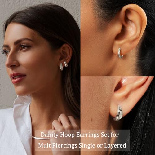 925 Sterling Silver Hoop Earrings for Women | Chunky Gold Hoops Earrings Hypoallergenic Small Huggie Earrings Set for Mulpitle Piercing Lightweight Square/Oval/Cubic Zirconia2