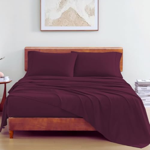 Image of LANE LINEN Organic | 100% Cotton Bedsheet Set | Soft & Breathable Fabric | 3 Piece (1 Double Bedsheet + 2 Pillow Covers) | Solid Double Bed Sheet Set | Machine Washable | Windsor Wine