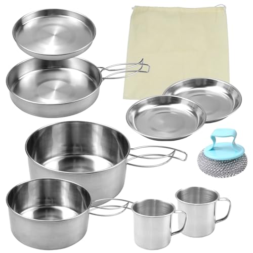 Burkfeeg Juego de Ollas para Acampar 9 Piezas, Acero Inoxidable 304