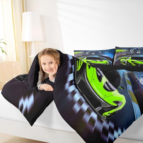 Image of Feelyou Fluorescent Green Race Car Bedding Set - Toddler Size for Kids Boys Extreme Sports Comforter Set with 1 Comforter Set and 1 Pillowcase