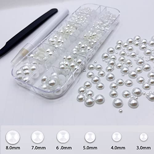 Gems Flat Back Pearls And Rhinestones For Nails,Crystals Nail Charms Diamonds For Acrylic Nails,Tiny Nail Pearls Beads For Nail Art,Small Eye Jewels Rhinestones Pearls,With Wax Pen And Tweezers(White) #TOP1